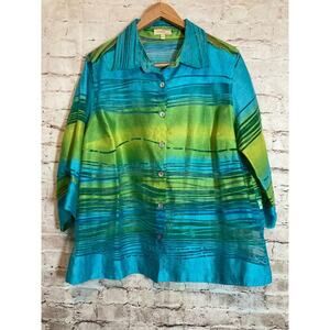 Choices Top Womens 1X Turquoise Burnout Stripes Semi Sheer Button Up Lightweight